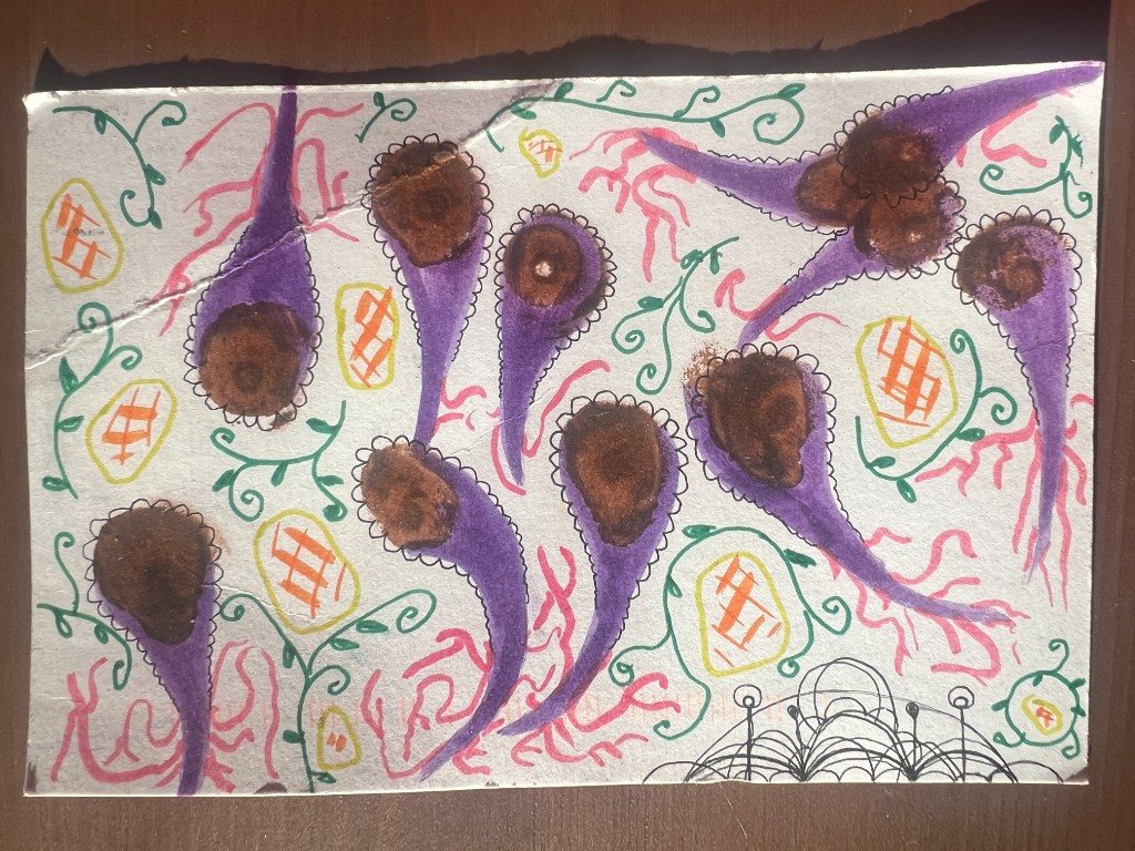 another postcard that made it home, covered in collaborative doodles, purple shapes, green vines, pink branches, and small patterned details