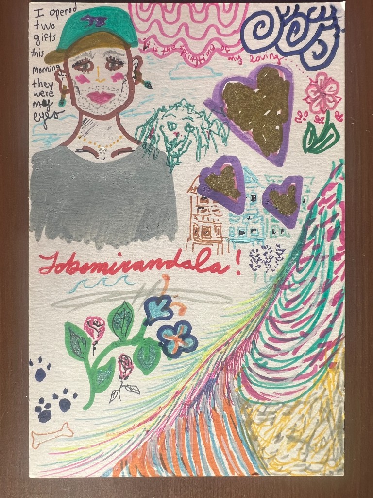 postcard filled after inviting contributions in a busy indoor spot and a neighborhood park, with portraits, handwritten lines, hearts, flowers, and colorful layered marks
