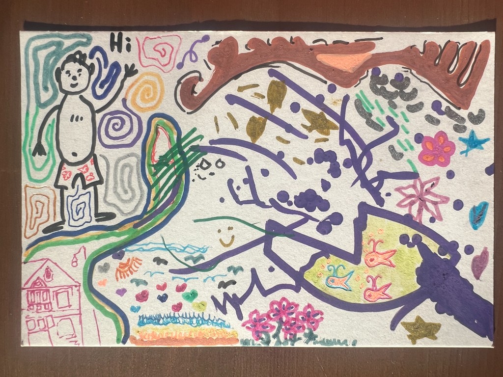 second postcard from the same public round, a dense collaborative collage with figures, swirls, a small house, flowers, and fish in a pond